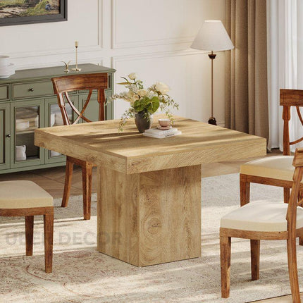 Liron Axis Solid Wood Dining Table in Natural Oak Finish with Central Pedestal Base and Square Top for Modern and Compact Interiors - Uber Decor