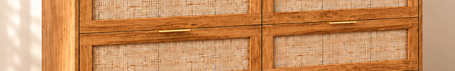 Bayshore 6-Drawer Scandinavian Rattan Front Solid Wood Cabinet with Natural Polish & Custom Finish Options for Bedroom, Living Room & Entryway
