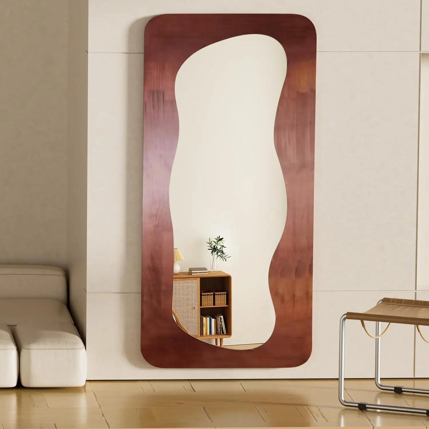 Asymmetry Twisted Timber Full-Length Mirror with Custom Wooden Frame