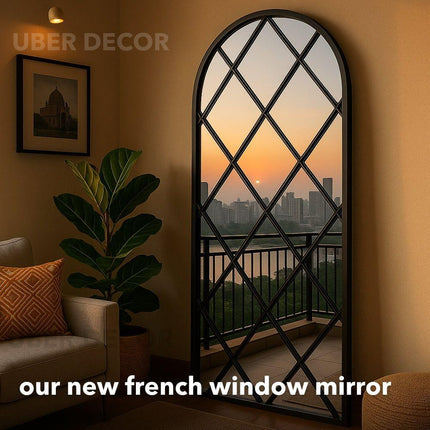 BevelCrest- Decorative French Country Window Grid Style Full Length Arched Wall Mirror for Living Room