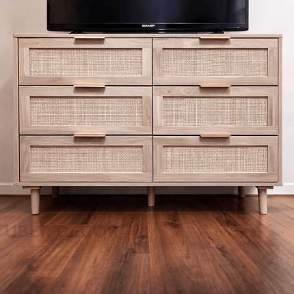 Bayshore 6-Drawer Scandinavian Rattan Front Solid Wood Cabinet with Natural Polish & Custom Finish Options for Bedroom, Living Room & Entryway