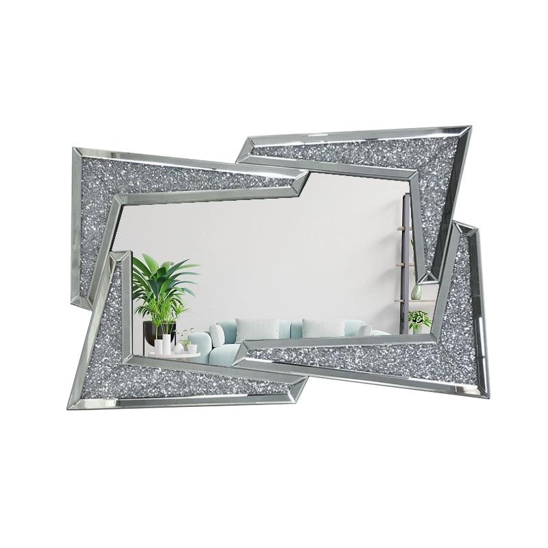 Hestia's Radiance: Angled Silver Crushed Glass Diamond Crystal Mirror for Bedroom or Living Room