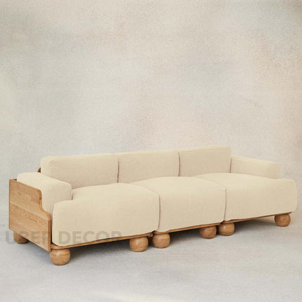 Medford 3-Seater Sculptural Sofa Modern Wooden Base Couch with Oversized Sphere Legs