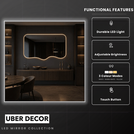 Vale Frameless Wavy LED Wall Mirror with Front or Back Lit for Powder Room and Modern Interiors