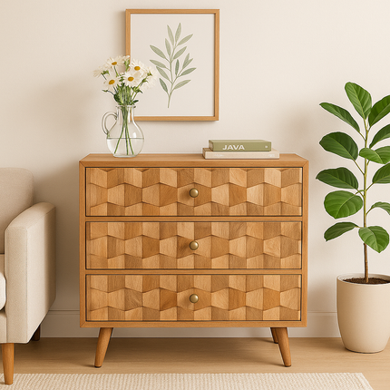 Hexa Form Mid Century Modern Solid Wood Chest of Drawers Geometric 3D Carved Fronts Ideal for Bedroom, Living Room & Entryway