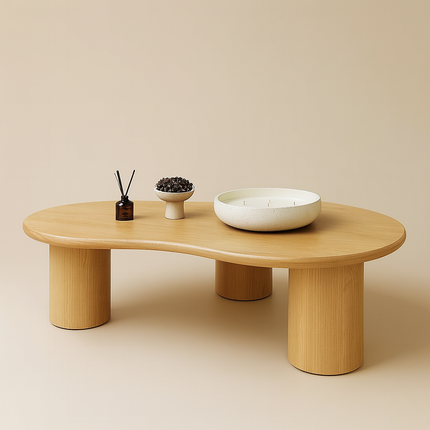 Amur Organic Mid Century Japandi Freeform Coffee Table – Solid Wood Top with Cylindrical Legs, Natural Matte Finish – Sculptural Centerpiece for Living Room