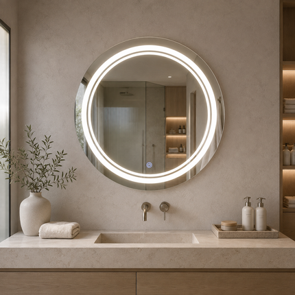 Reflecia Round Cirlce Design led mirror front or back lit  touch button frameless bathroom vanity mirror