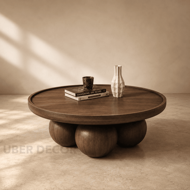 Bandama round solid wood coffee table with ball base mid century modern Japandi design for reading lounge and library seating space