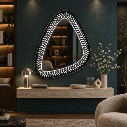 Trikon Geometric LED Mirror – Frameless Wall Hanging Mirror with Front or Back Lit for Vanity & Bathroom