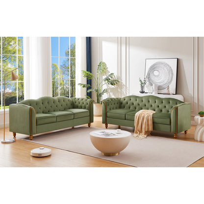 Madrid 78" Sofa -3 Seater Modern Large Upholstered Couch with Tufted Button Curved Back Rest & Golden Wood Legs