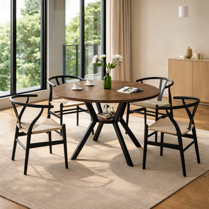 Forest Nook Round Wooden Dining Table Modern Contemporary Design with Metal Base for Dining Room and Kitchen Dining Area