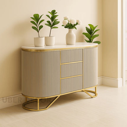 Marseille Entryway Table – Ribbed Cabinet with Gold PVD Frame Mid‑Century Modern Accent