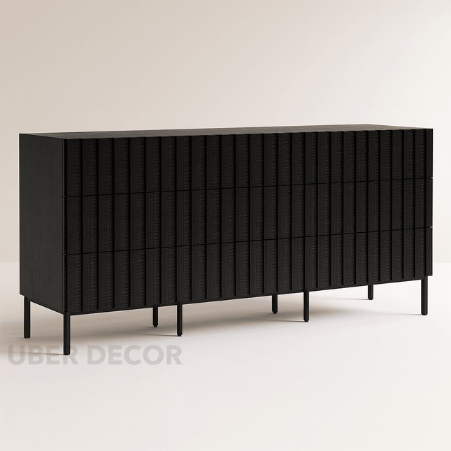 Raven Noir 9-Drawer Contemporary Japandi Black Oak Cabinet with Textured Front & Metal Legs for Living Room, Bedroom, Office & Entryway - Uber Decor