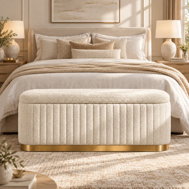 Nerro Storage Bench Ready to Dispatch Off White Boucle-Waffle Knit Upholstered Bench for - product image 1
