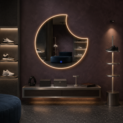 Crescent Moon LED mirror- 3-colour Backlit or front-lit Touch Button LED Frameless Bathroom Vanity Mirror