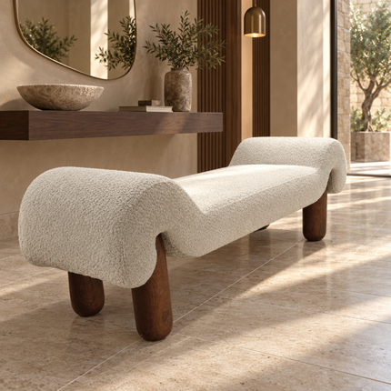 Nola Curve – Modern Sculptural Boucle Bench Ready to Ship Luxury End-of-Bed & Accent Bench for Bedrooms, Living Rooms and Lounges