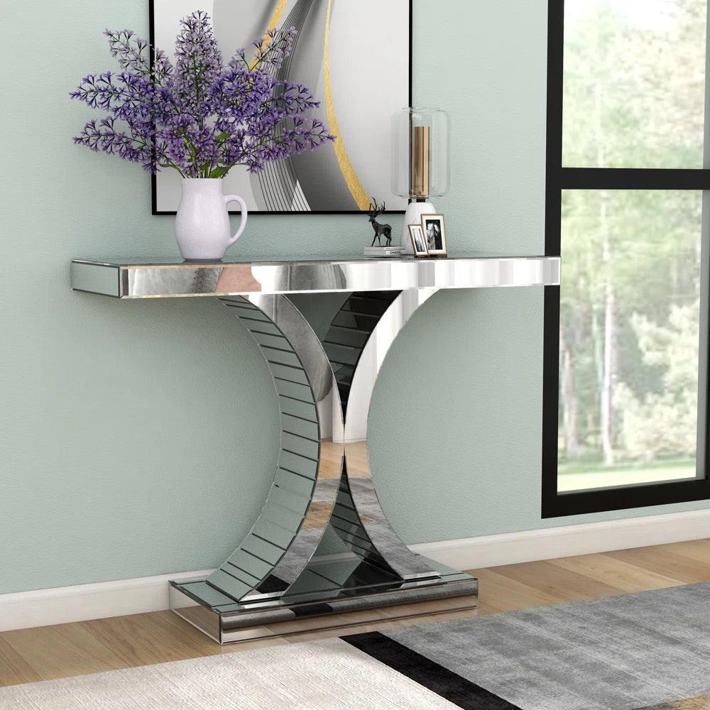 Zenith Allure- Semi Circle Mirrored Glass Console Table for Living Room Entryway