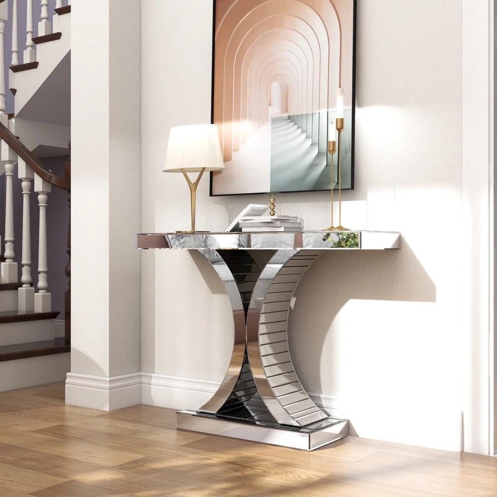 Zenith Allure- Semi Circle Mirrored Glass Console Table for Living Room Entryway