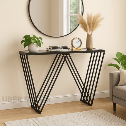 Veyron Edge Console Table – Glass Top with Sculptural W Metal Base Modern Entryway Accent