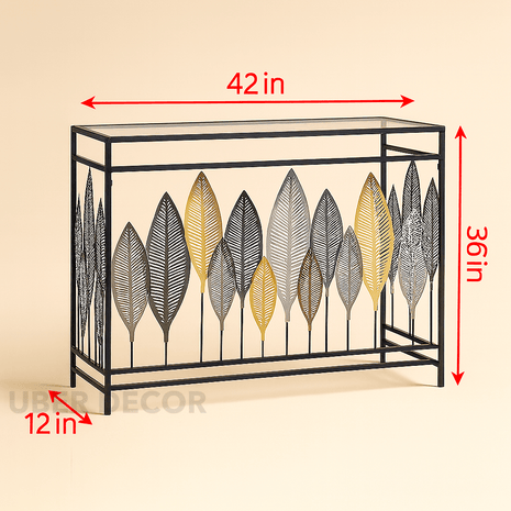 Leafscape Console Table – Glass Top with Metal Leaf‑Motif Front & Slim Frame Entry Accent - Uber Decor