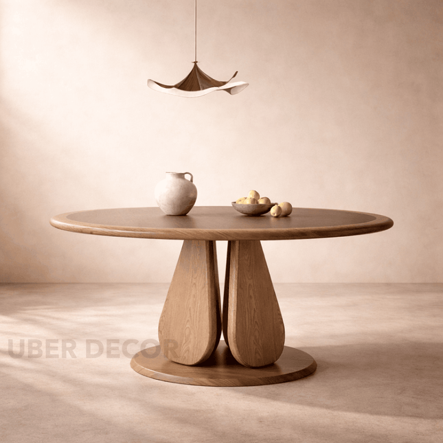 Terra Arc Round Dining Table Japandi Mid Century Modern Design Solid Wood Pedestal Legs Dining Table for Modern Homes