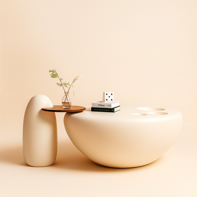 Jhelum Coffee Table Set, Modern Sculptural Stone Minimalist Center and Side Tables for Living Room