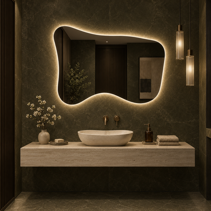 Sway Frameless Wavy LED Vanity Mirror Available in Front or Back Lit for Bathroom and Modern Interiors