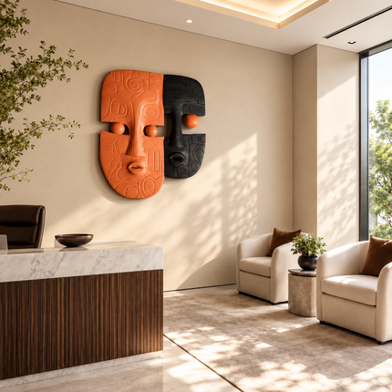 Dual Mask Rhythm Boho 3D Face Wall Art – Sculpture for Living Room