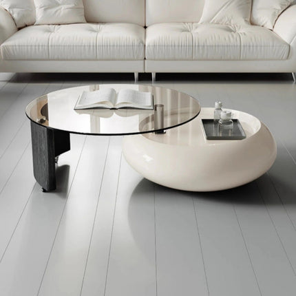 Cooper’s Creek Coffee Table Set, Modern Futuristic Glass and Glossy White Pod Center Tables for Living Room