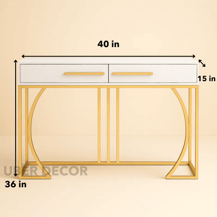 Creston Arc Display Table – White Drawer Top with Gold Sculptural Arch Base Mid‑Century Modern Accent