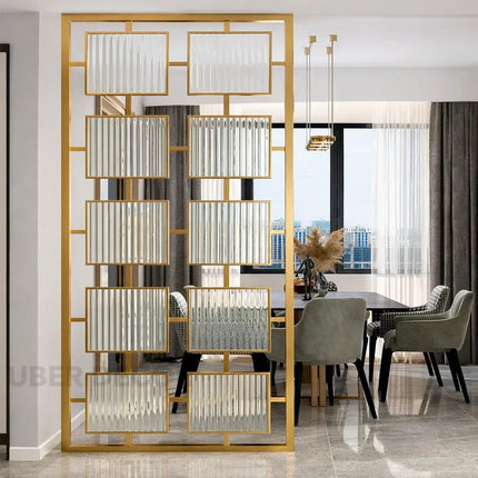 RINZO Glass And Stainless Steel Room Divider Glass Partition For Dining Area Living Room And Open Interiors