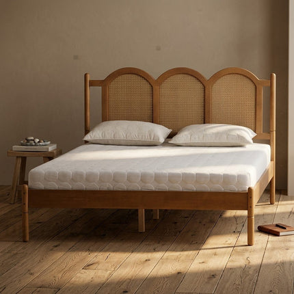TeakTranquil Wabi-Sabi Arched Rattan Platform Bed – Japandi Vintage Customisable Wooden Bed for Serene Bedrooms