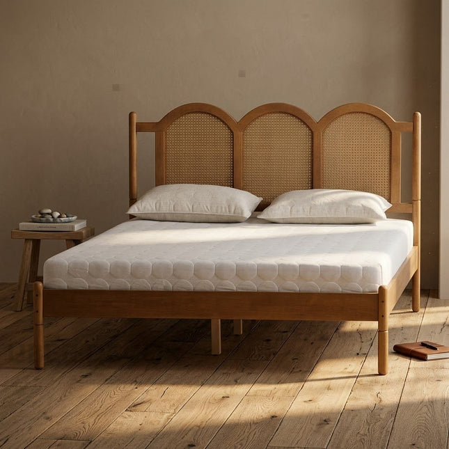 TeakTranquil Wabi-Sabi Arched Rattan Platform Bed – Japandi Vintage Customisable Wooden Bed for Serene Bedrooms