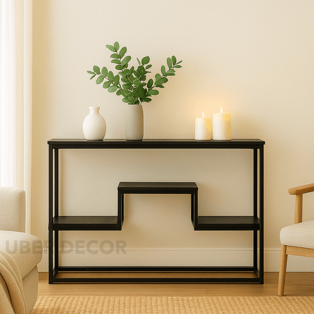 Urban Tiered Mid-Century Modern Display Table – Dark Wood Shelves with Open Step Design for Living Room or Hallway
