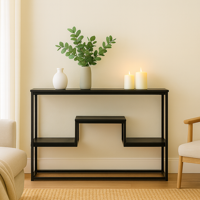Urban Tiered Mid-Century Modern Display Table – Dark Wood Shelves with Open Step Design for Living Room or Hallway