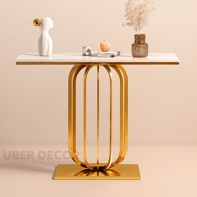 Etoile Crest Console – French Deco Marble Console Table with Luxe Pedestal Base for Hallway Glamour