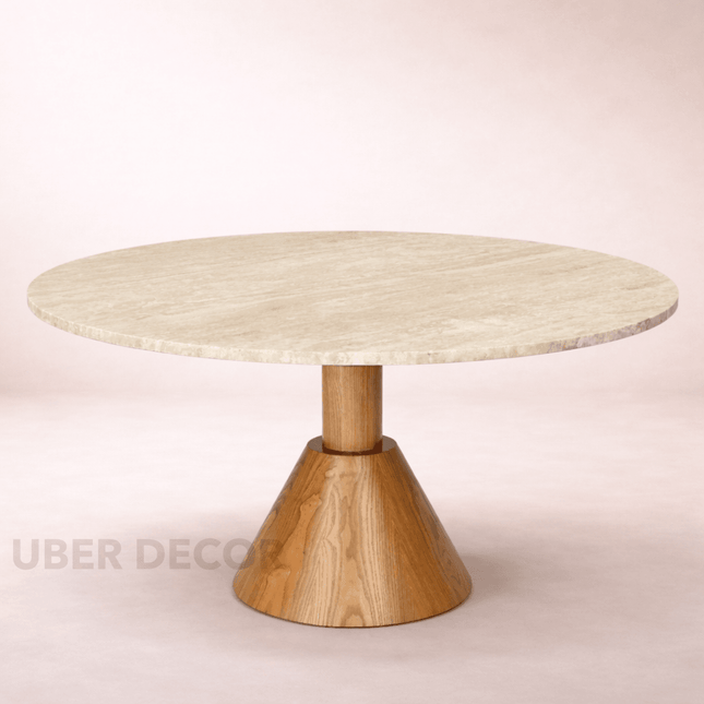 Tavion Round Dining Table Pedestal Base Design Mid Century Modern European Inspired Solid Wood Base Marble Top Dining Furniture for Dining Room
