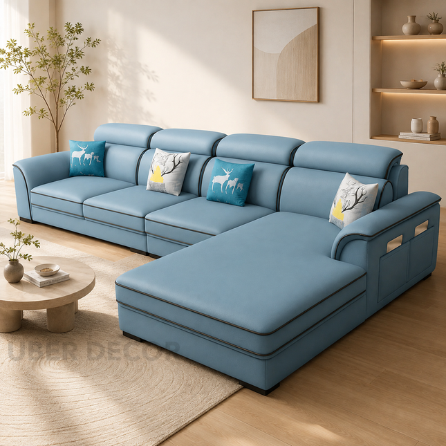 Quebec Luxury Modern Sectional Sofa with Lounger and Adjustable Headrests Designer Sofa with Storage Pockets for Living Room