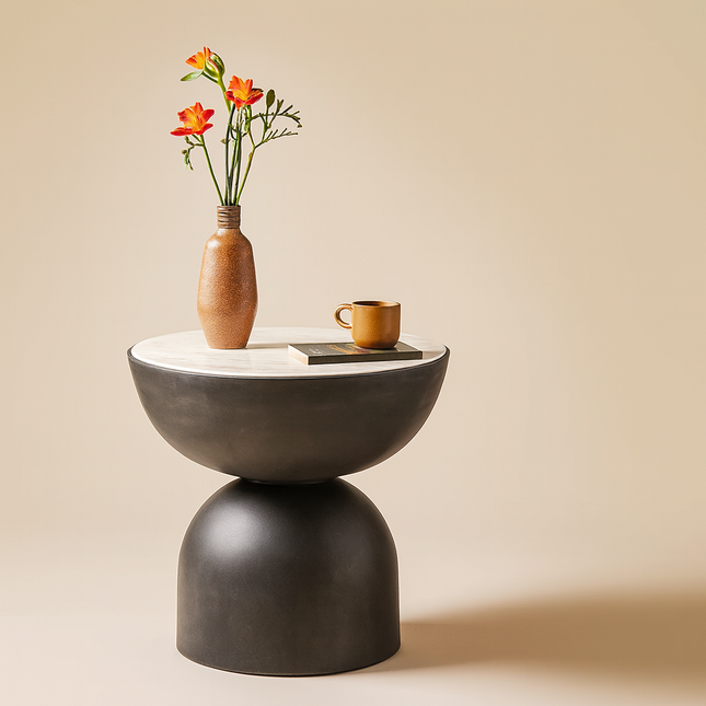 The Orion Balance – Custom Double Sphere Base Side Table with Marble Top in Mid Century Modern Contemporary Style for Living Room or Lounge