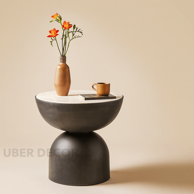 The Orion Balance – Custom Double Sphere Base Side Table with Marble Top in Mid Century Modern Contemporary Style for Living Room or Lounge