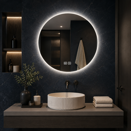 Swirlora Artistic Round Shaped Frameless Front or Backlit Mirror with LED Lights- Touch Sensor Mirror for Bathroom and Bedroom