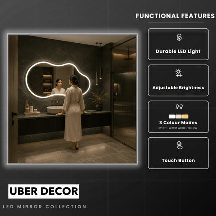 Elodie Cloud-Shaped Frameless Wall Hanging LED Mirror – Front Lit or Back Lit for Vanity & Modern Spaces