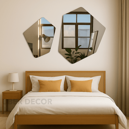 Geometric Frameless Wall Mirror Set of 2- Hexagon Shaped Abstract Modern Stylish Designer Mirrors for Wall Decor