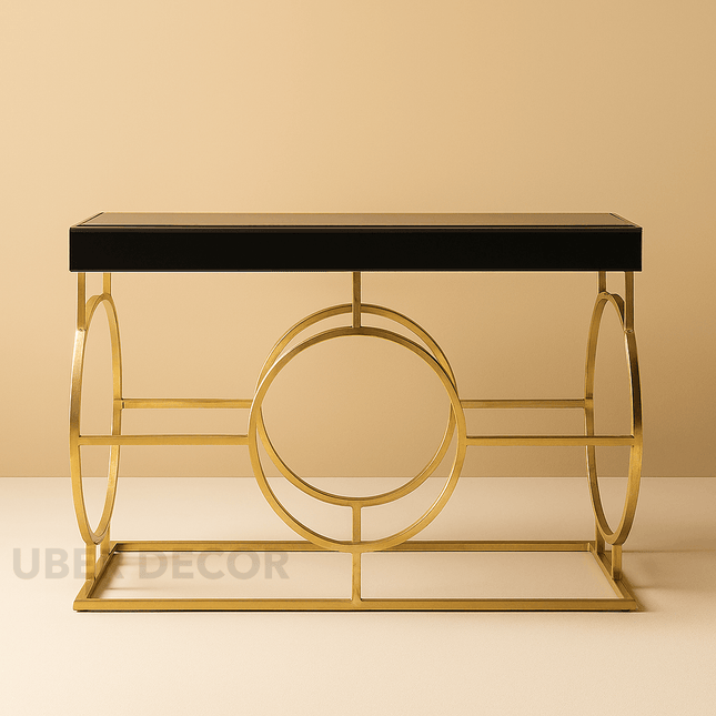 Obsidian Halo Display Table – Black Glass Top with Gold Ring‑Frame Base for Hallway, Entryway & Living Room