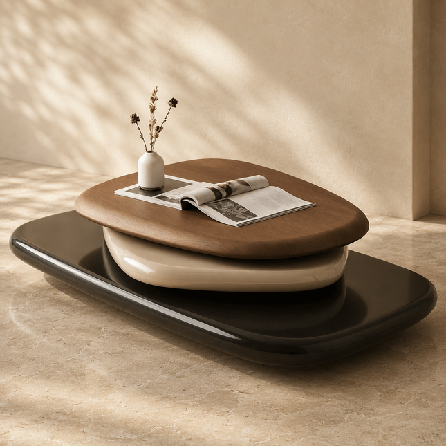 Missouri Wabi-Sabi Layered Mid-Century Coffee Table – Japandi Three-Tier Sculptural Wood Center Table for Living Room