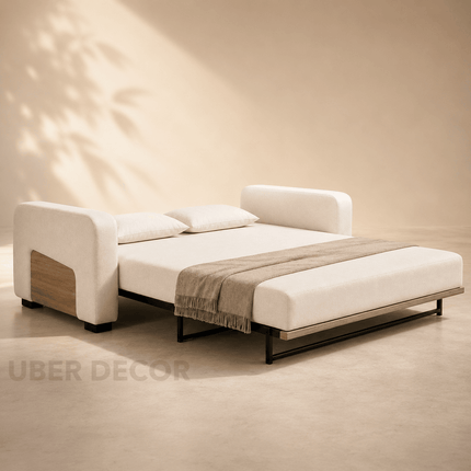 Akita Japandi Pull-Out Sofa Bed – Wooden Side Panels Sleeper