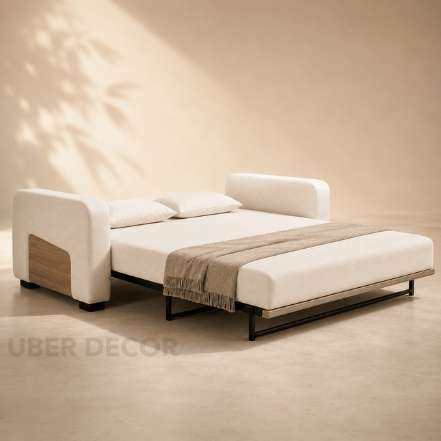 Akita Japandi Pull-Out Sofa Bed – Wooden Side Panels Sleeper