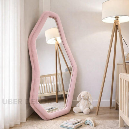 EdgeCraft Irregular Asymmetric Wall Mirror- Suede Velvet Upholstered Frame Fabric Mirror for Bedroom