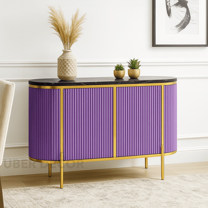 Odessa Entryway Table – Wood Cabinet with Gold Frame & Ribbed Doors Mid‑Century Modern Accent
