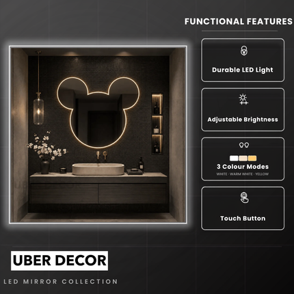 Bunny Frameless Wall Hanging LED Mirror – Front Lit or Back Lit for Vanity & Powder Room